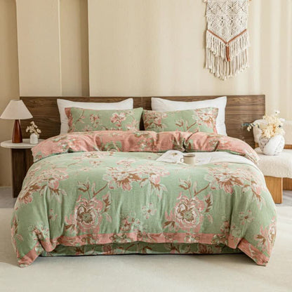 Reversible Floral Cotton Gauze Button Bedding Set (4PCS) - Green&Pink - King - image 14