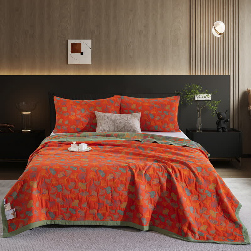Ginkgo Biloba Organic Cotton Quilt - Orange Red - 2PCS Pillowcases - 20" x 36" - image 34