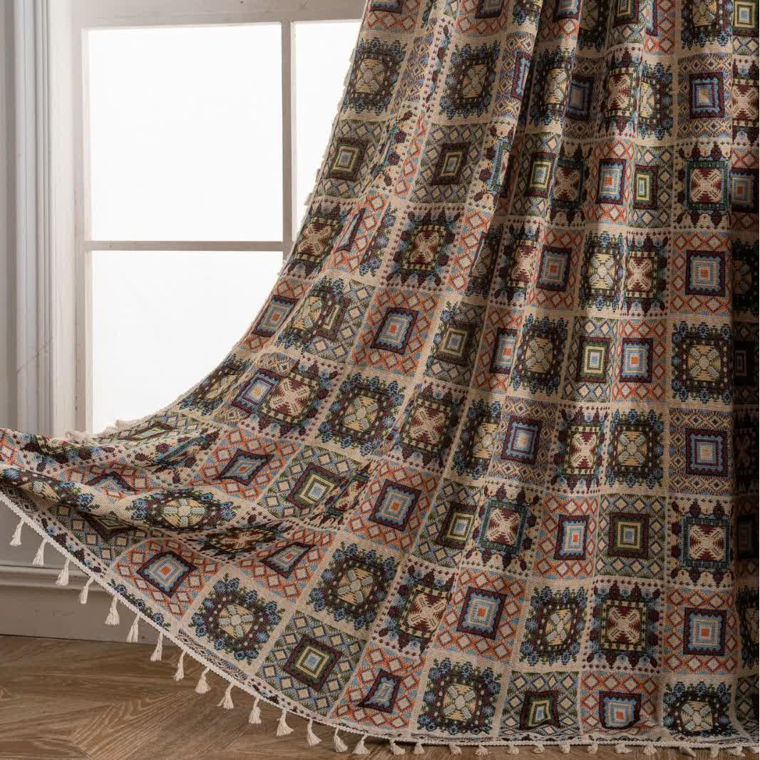 Retro Geometric Square Jacquard Curtain - Rod Pocket - Beige - 59" x 102" - image 1
