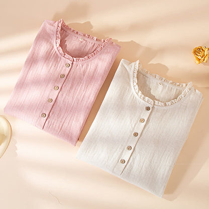 Simple Ruffled Cotton Linen Button Nightgown - image 1
