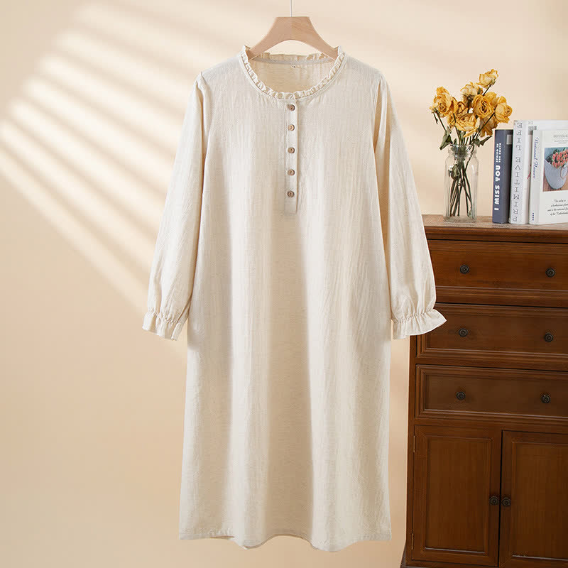 Simple Ruffled Cotton Linen Button Nightgown - Beige - XL - image 2