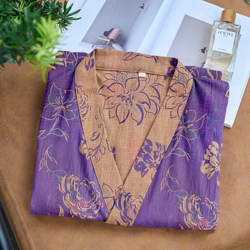 Two-Tone Peony Cotton Gauze Kimono Robe - image 5