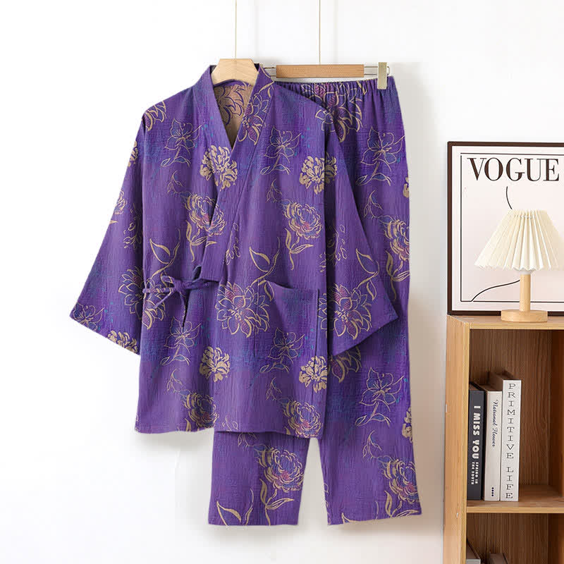 Peony Cotton Gauze Kimono Loungewear Set - Purple - XL - image 3