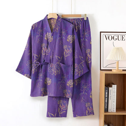 Peony Cotton Gauze Kimono Loungewear Set - Purple - XL - image 3