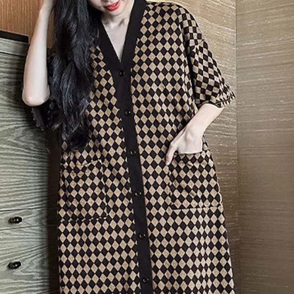 V-neck Plaid Modal Loose Buttoned Nightdress - image 4