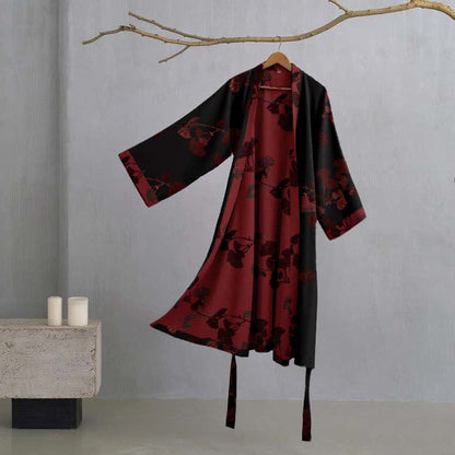 Grand peignoir kimono en coton avec feuilles de ginkgo - Noir et rouge - 2XL - image 13