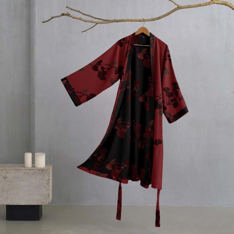 Grand peignoir kimono en coton avec feuilles de ginkgo - Rouge et noir - 2XL - image 11