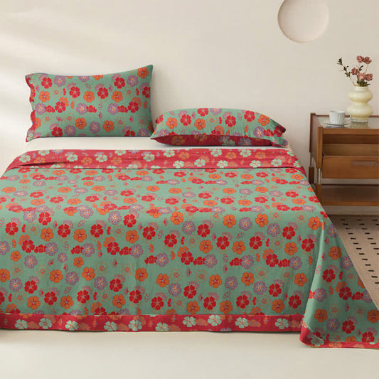 Plum Blossom Organic Cotton Sheet Bedspread - Green - Bedspread with 2PCS Pillowcases - King - image 0