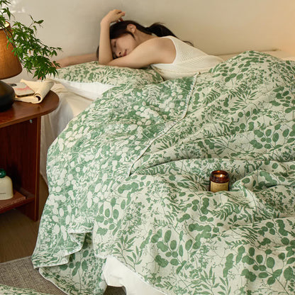 Ownkoti Soft Style Floral Cotton Gauze Quilt - Quilt with 2pcs Pillow Towels - Green - Queen - image 21