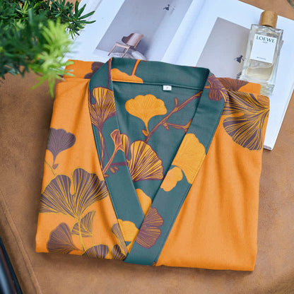 Grand peignoir kimono en coton avec feuilles de ginkgo - image 3