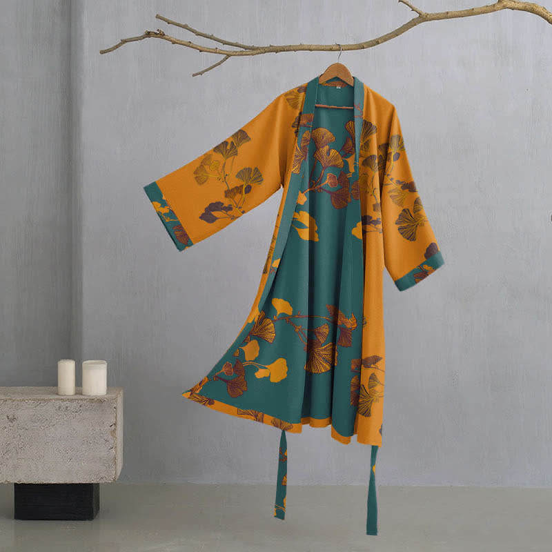 Grand peignoir kimono en coton avec feuilles de ginkgo - Jaune et vert - XL - image 2