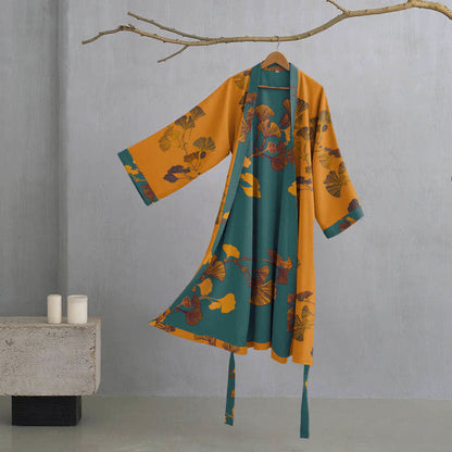 Grand peignoir kimono en coton avec feuilles de ginkgo - Jaune et vert - XL - image 2