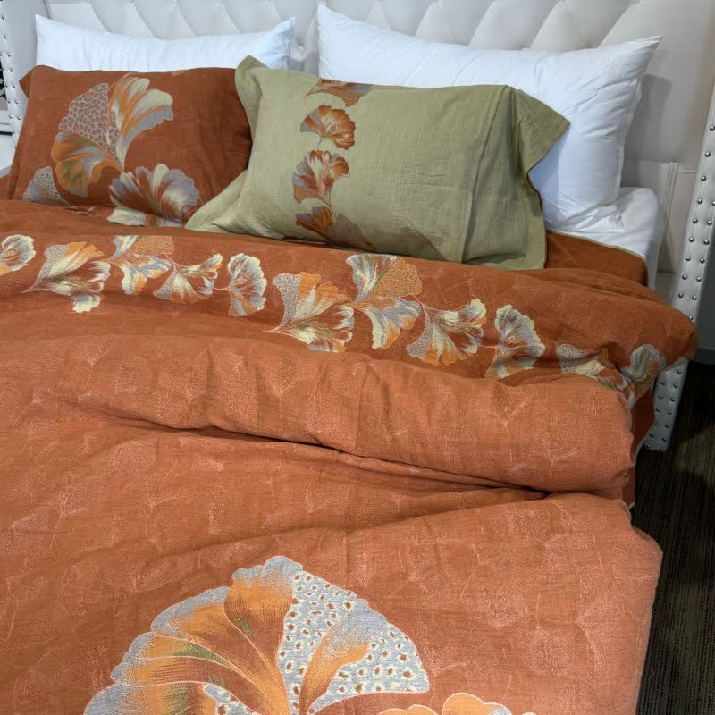 Ginkgo-inspired Cotton Gauze Bedding Set(4pcs) - Orange - King - image 8