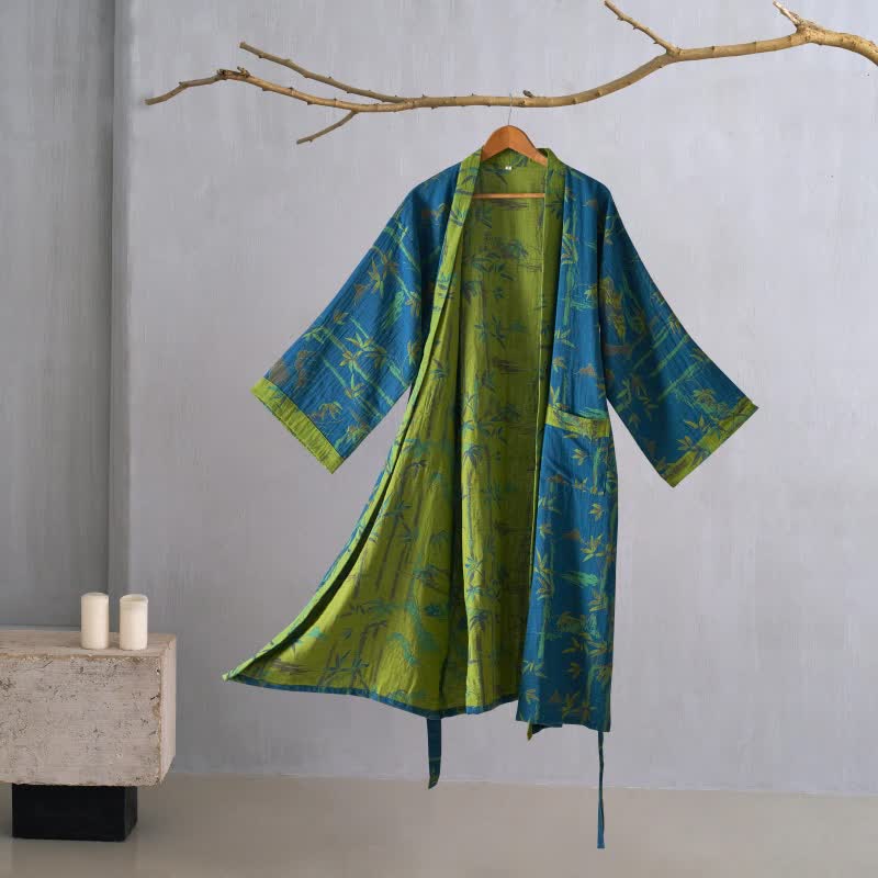 Two-Tone Bamboo Cotton Gauze Kimono Robe - Blue - 2XL - image 14
