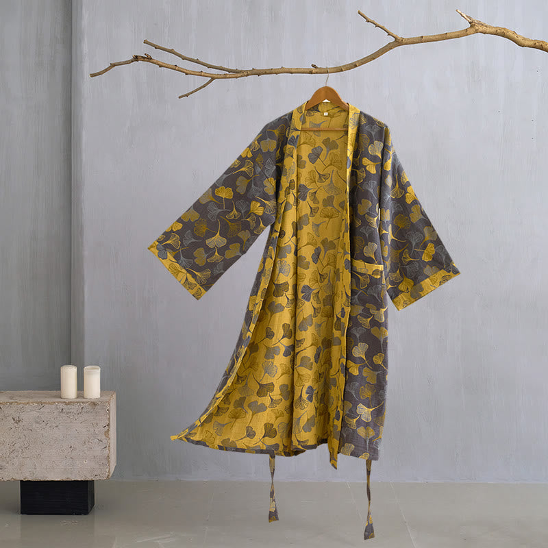 Ginkgo Biloba Cotton Gauze Kimono Robe - Dark Grey - XL - image 20