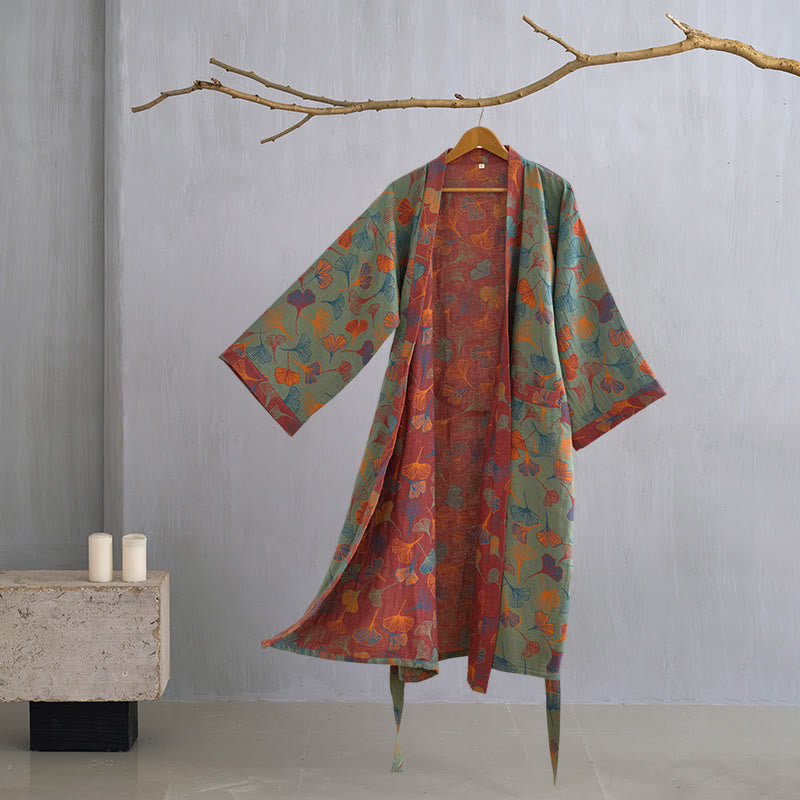 Ginkgo Biloba Cotton Gauze Kimono Robe - Dark Green - XL - image 15
