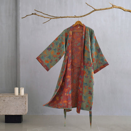 Ginkgo Biloba Cotton Gauze Kimono Robe - Dark Green - XL - image 24