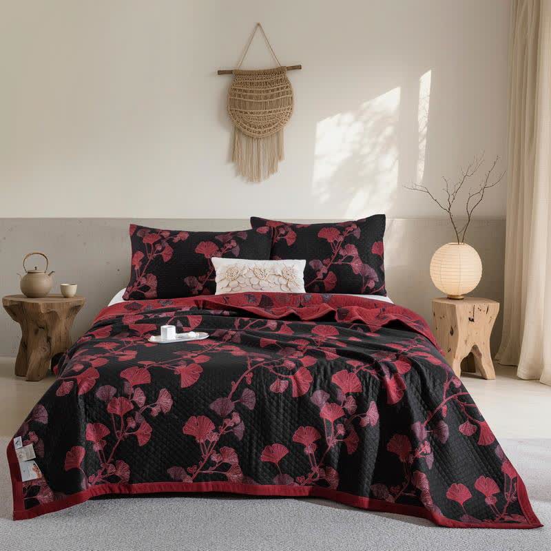 Ginkgo Leaf Natural Cotton Reversible Quilt - Black - 2PCS Pillowcases - 20" x 36" - image 9