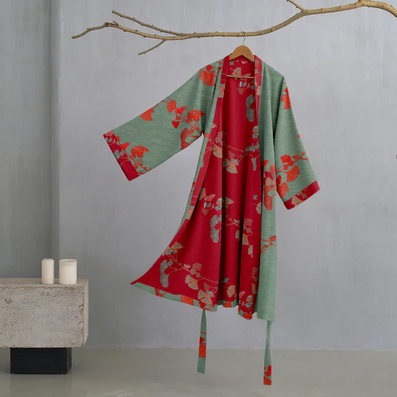 Ginkgo Leaf Organic Cotton Kimono Robe - Green & Red - 2XL - image 20