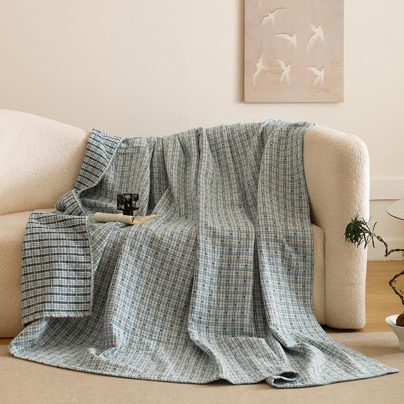 Triple Layer Plaid Cotton Muslin Quilt - Blue - 2PCS Pillowcases - 20" x 31" - image 10