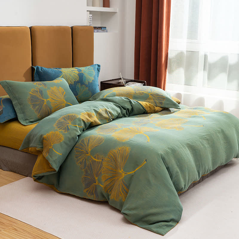 Ginkgo Jacquard Cotton Reversible Doona Covers Bedding Set(4PCS) - Green & Yellow - Queen - image 0