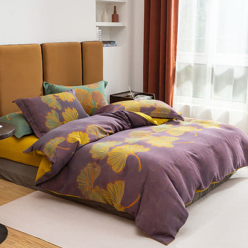 Ginkgo Jacquard Cotton Reversible Doona Covers Bedding Set(4PCS) - Purple & Yellow - Queen - image 5