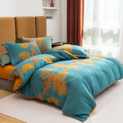 Ginkgo Jacquard Cotton Reversible Doona Covers Bedding Set(4PCS) - Lake Blue & Orange - Queen - image 7