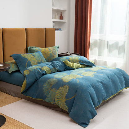 Ginkgo Jacquard Cotton Reversible Doona Covers Bedding Set(4PCS) - Blue & Green - Queen - image 4