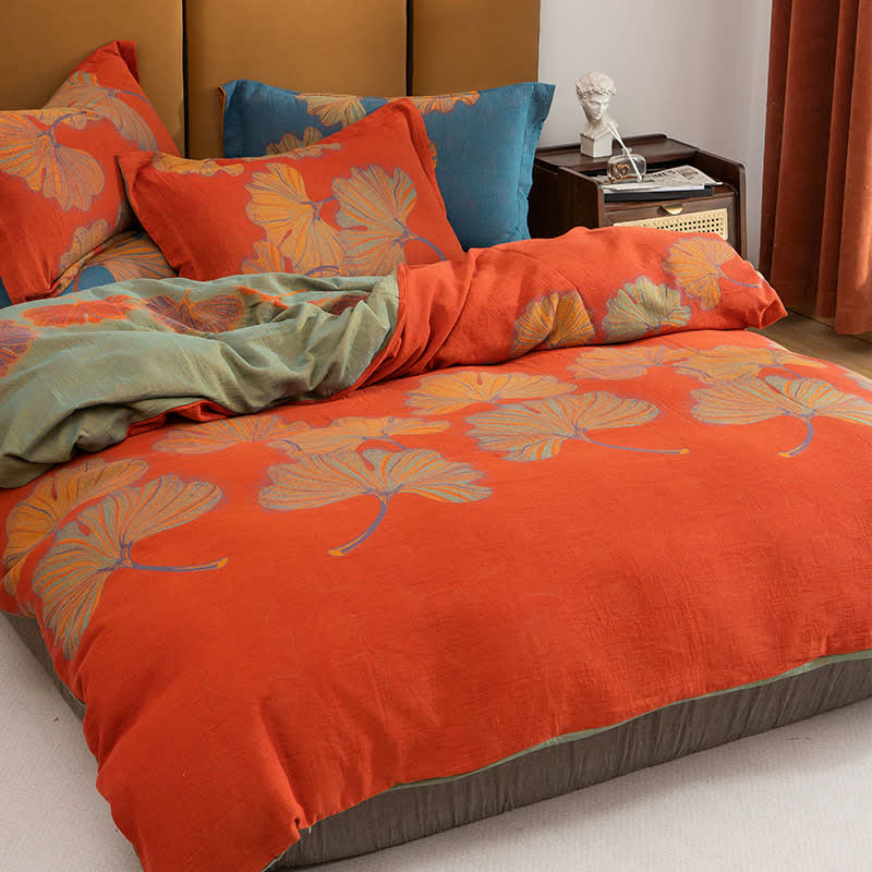 Ginkgo Jacquard Cotton Reversible Doona Covers Bedding Set(4PCS) - Red & Orange - Queen - image 2