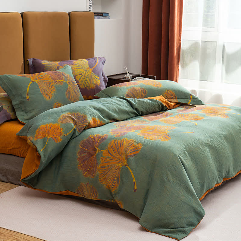 Ginkgo Jacquard Cotton Reversible Doona Covers Bedding Set(4PCS) - Green & Orange - Queen - image 6