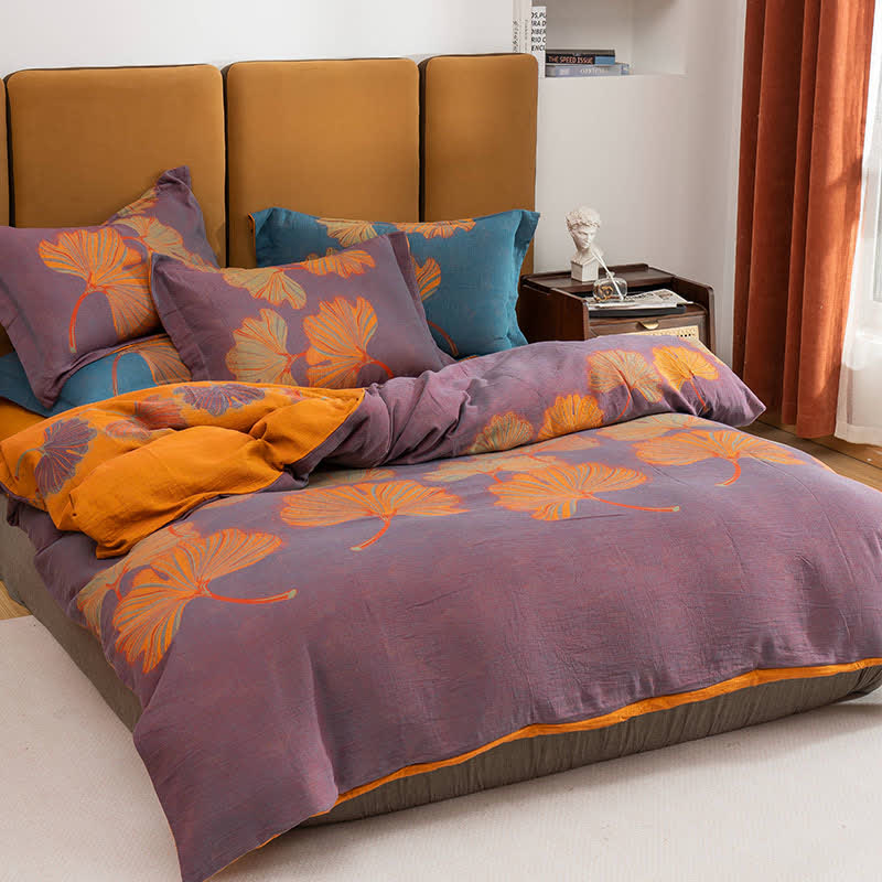 Ginkgo Jacquard Cotton Reversible Doona Covers Bedding Set(4PCS) - Purple & Orange - Queen - image 1