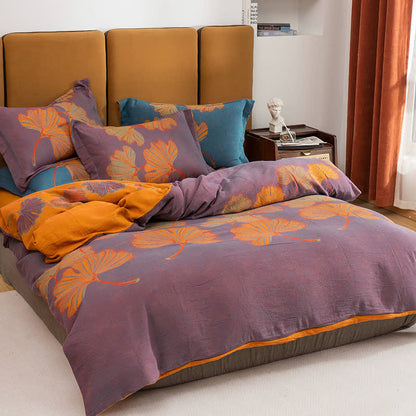Ginkgo Jacquard Cotton Reversible Doona Covers Bedding Set(4PCS) - Purple & Orange - Queen - image 1
