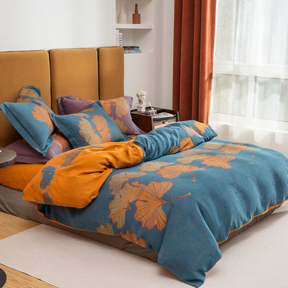 Ginkgo Jacquard Cotton Reversible Doona Covers Bedding Set(4PCS) - Blue & Orange - Queen - image 3