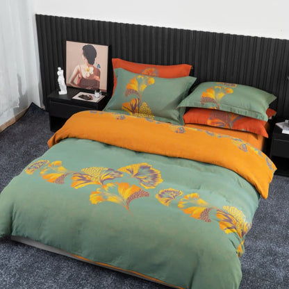 Ginkgo-inspired Cotton Gauze Bedding Set(4pcs) - Green & Yellow - King - image 18