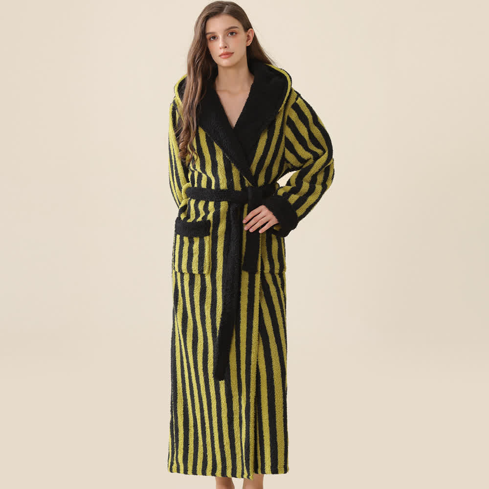 Ownkoti Unisex Striped Hooded Fleece Warm Robe - Black & Green - XL - image 3