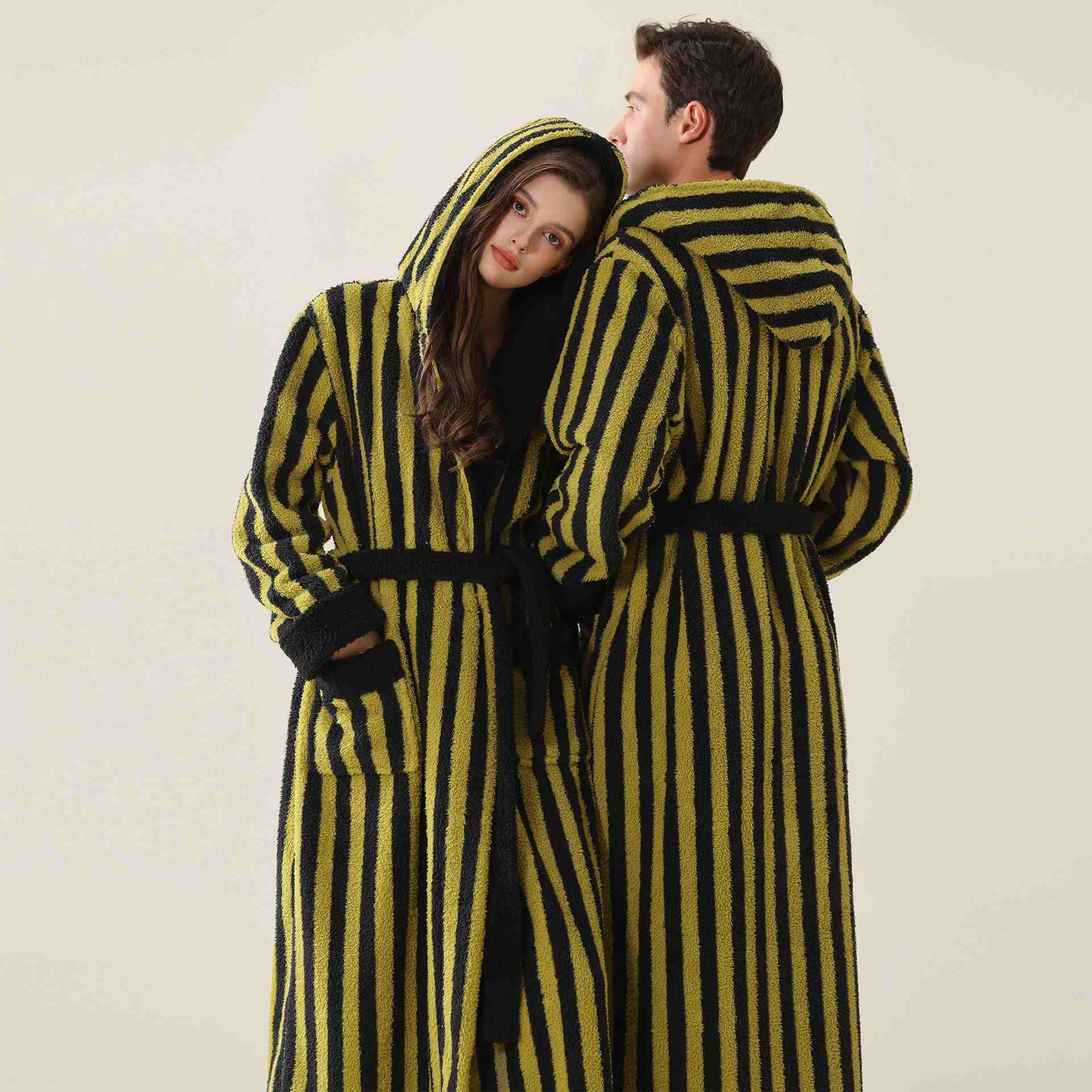 Ownkoti Unisex Striped Hooded Fleece Warm Robe - image 2