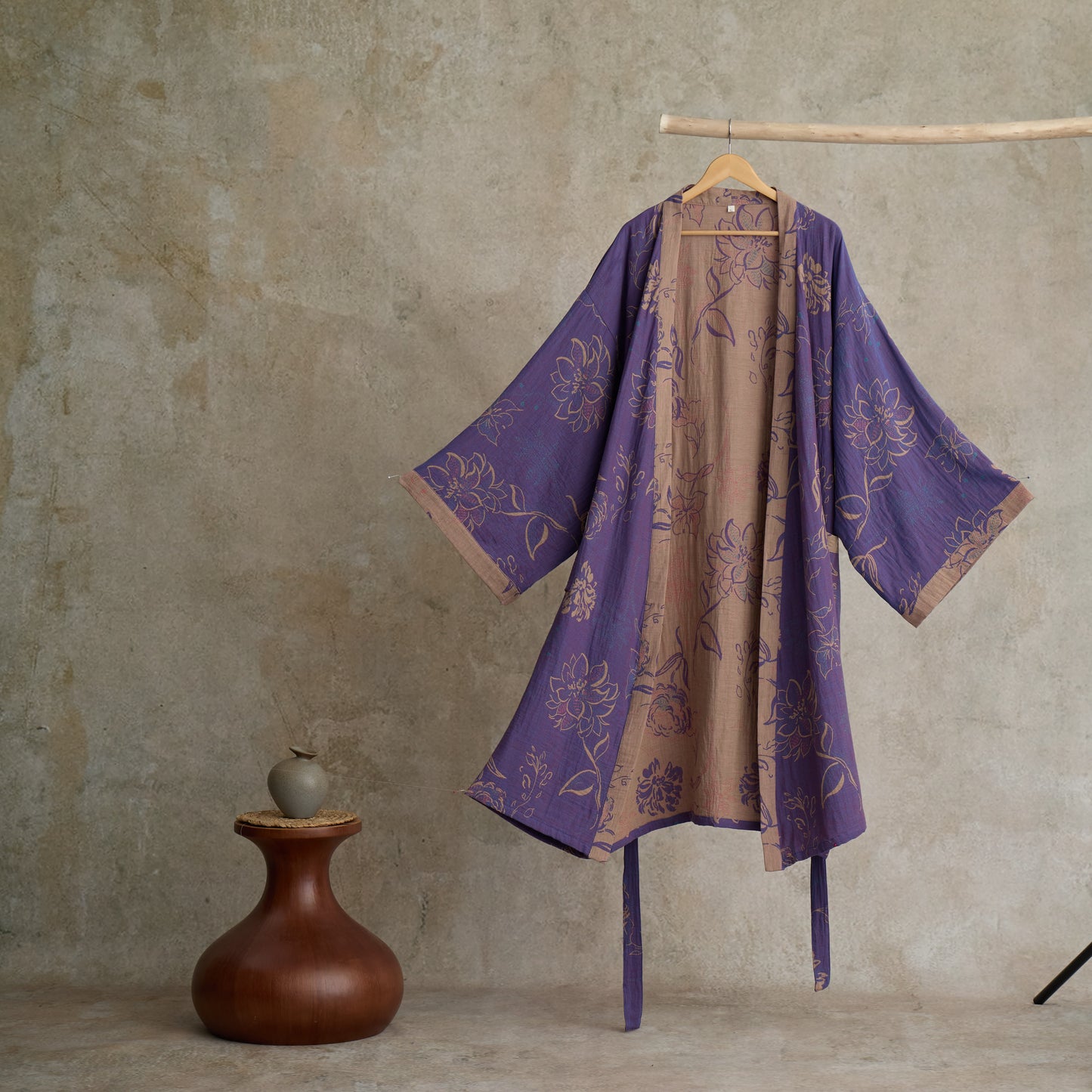 Two-Tone Peony Cotton Gauze Kimono Robe - image 3