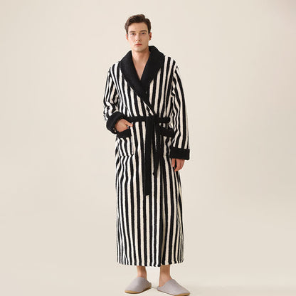Unisex Striped Fleece Warm Long Robe - image 5