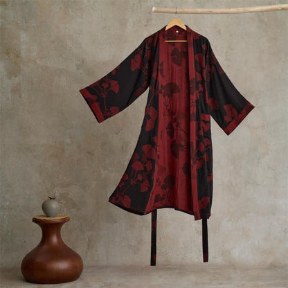 Large Ginkgo Leaf Cotton Kimono Robe - Black & Red - 2XL - image 10