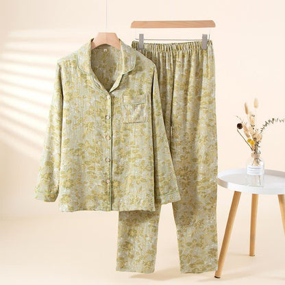 Pastoral Leaf Cotton Gauze Loungewear Set - Green - XL - image 3