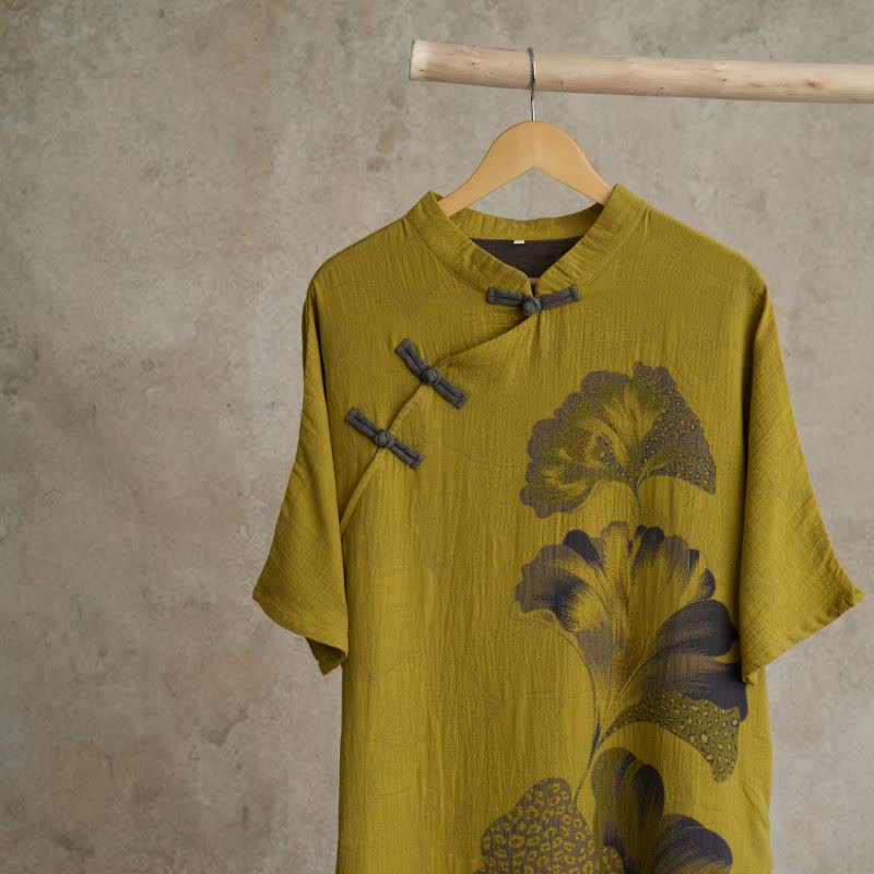 Ginkgo Leaf Print Cotton Cheongsam Nightgown - image 1