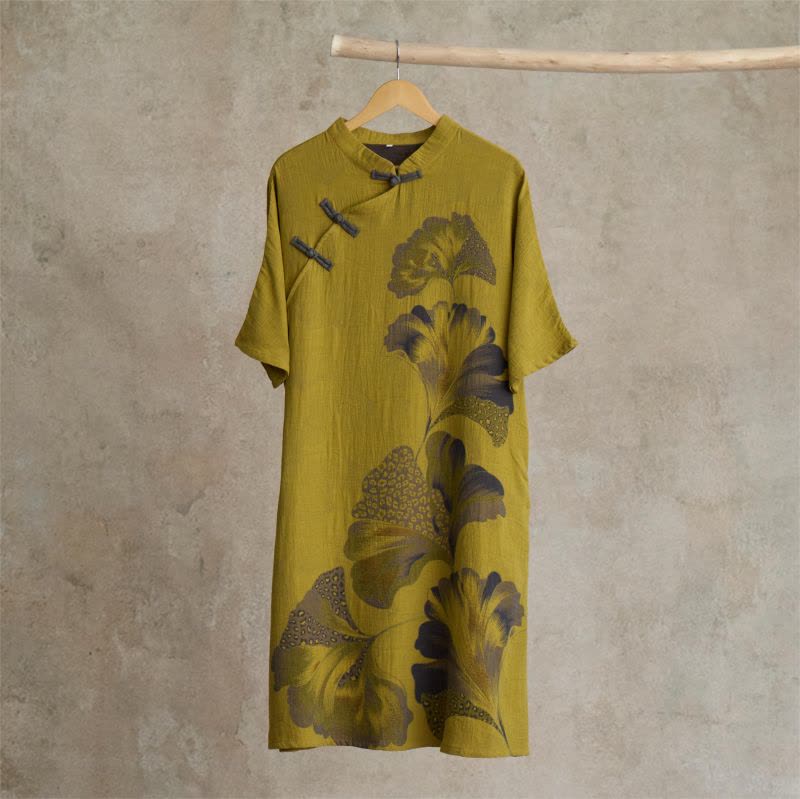 Ginkgo Leaf Print Cotton Cheongsam Nightgown - Yellow - L - image 0
