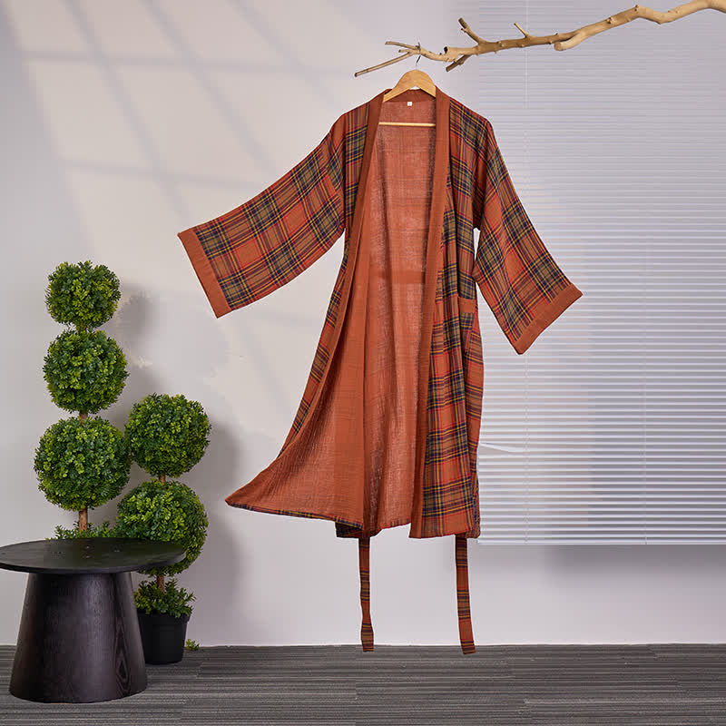 Vintage Plaid Cotton Gauze Kimono Robe - XXL - image 0