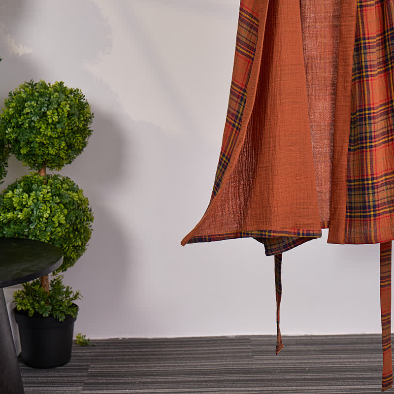 Vintage Plaid Cotton Gauze Kimono Robe - image 4