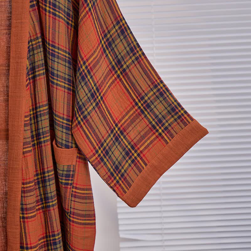 Vintage Plaid Cotton Gauze Kimono Robe - image 2