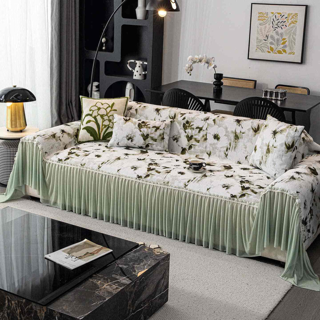 Ink Floral Sofa Cover with Skirt - Green - 71" x 134" - image 0