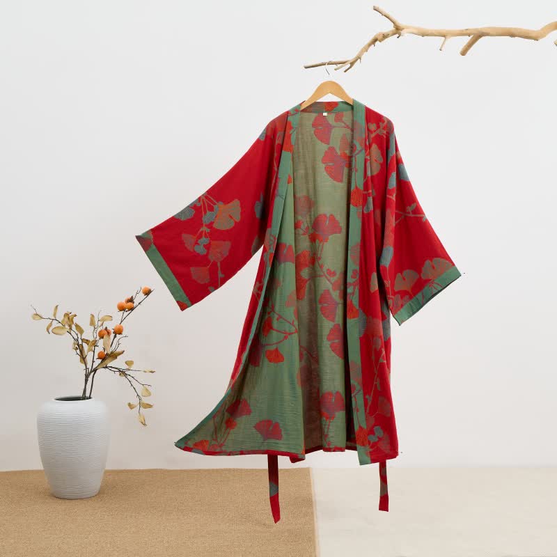 Ginkgo Leaf Organic Cotton Kimono Robe - Red & Green - 2XL - image 14
