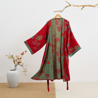 Ginkgo Leaf Organic Cotton Kimono Robe - Red & Green - 2XL - image 14