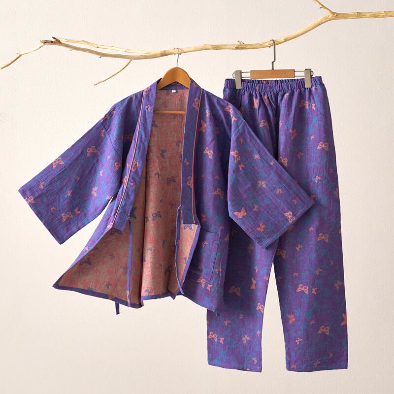 Butterfly Cotton Gauze Kimono Loungewear Set - Purple - XL - image 1
