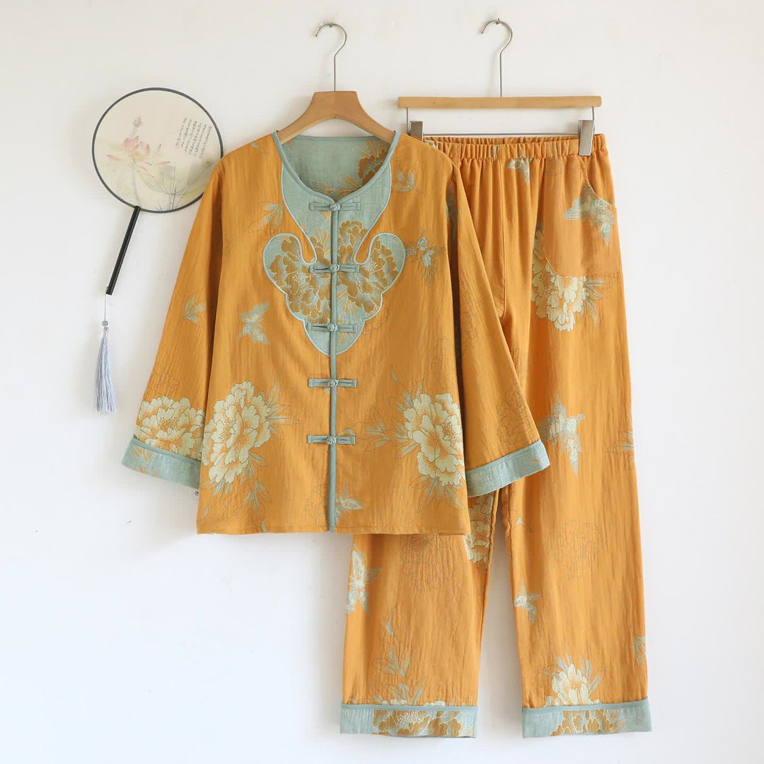 Ownkoti Oriental Style Peony Cotton Pajama Set - Yellow - XL - image 0